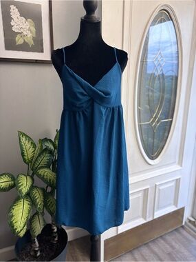 See You Monday Teal Blue twist front Mini Dress with Spaghetti Straps